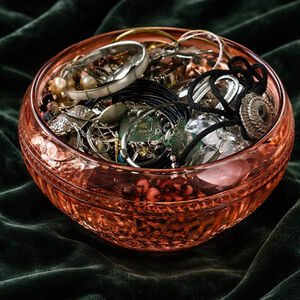 Vintage Jewelry Mystery Lot in Pink Glass Bowl – Bracelets, Earrings & More